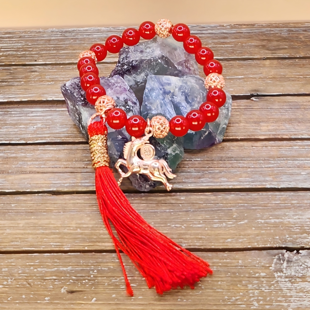 Red Chalcedony and Rose Gold Fire Horse Beaded Bracelet with Tassel